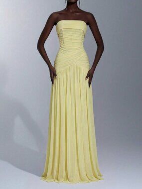 Yellow Elegant Formal Women's Maxi Wedding Dress with Ruched Waist Mermaid Hem